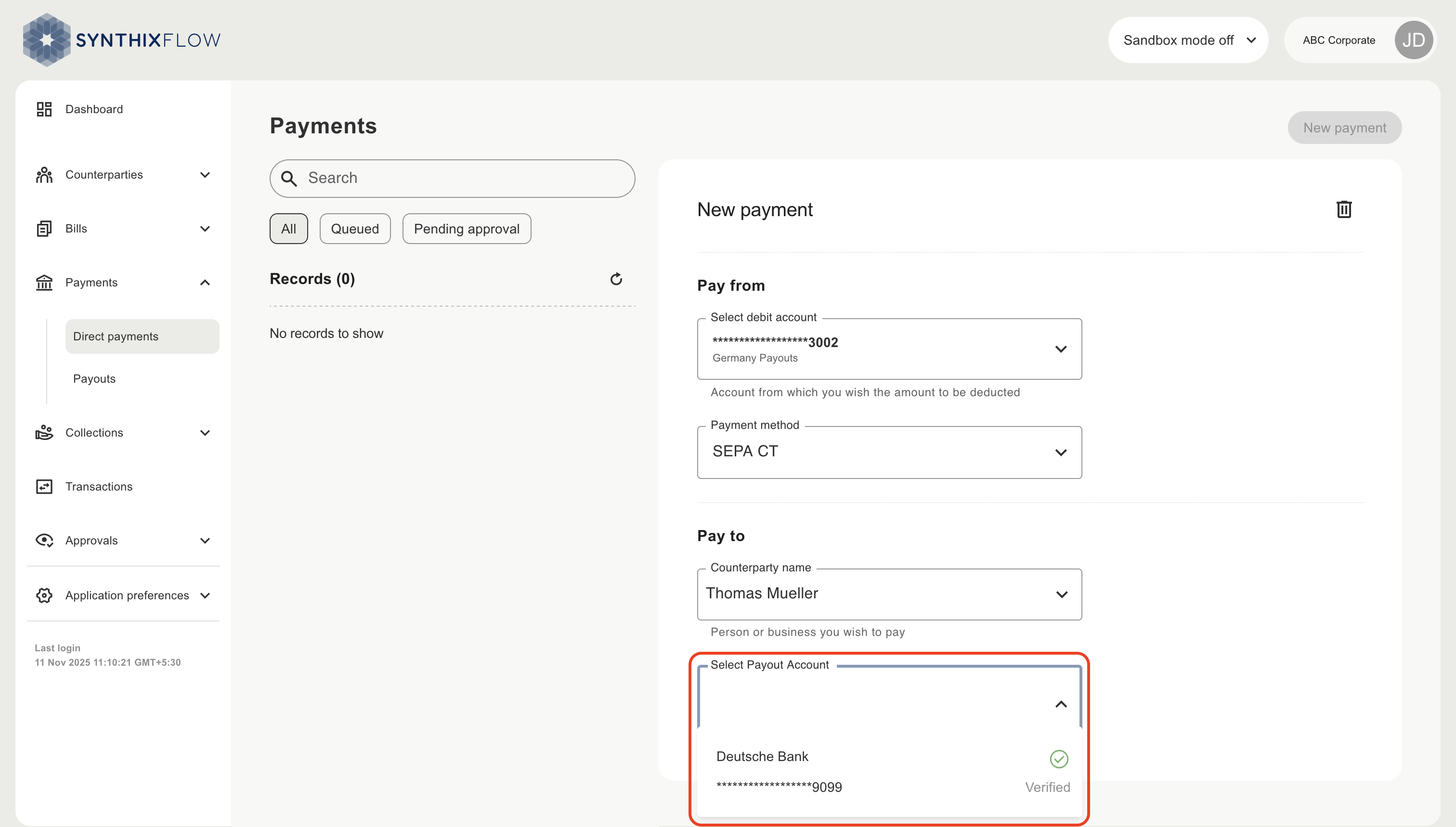 Choose counterparty account