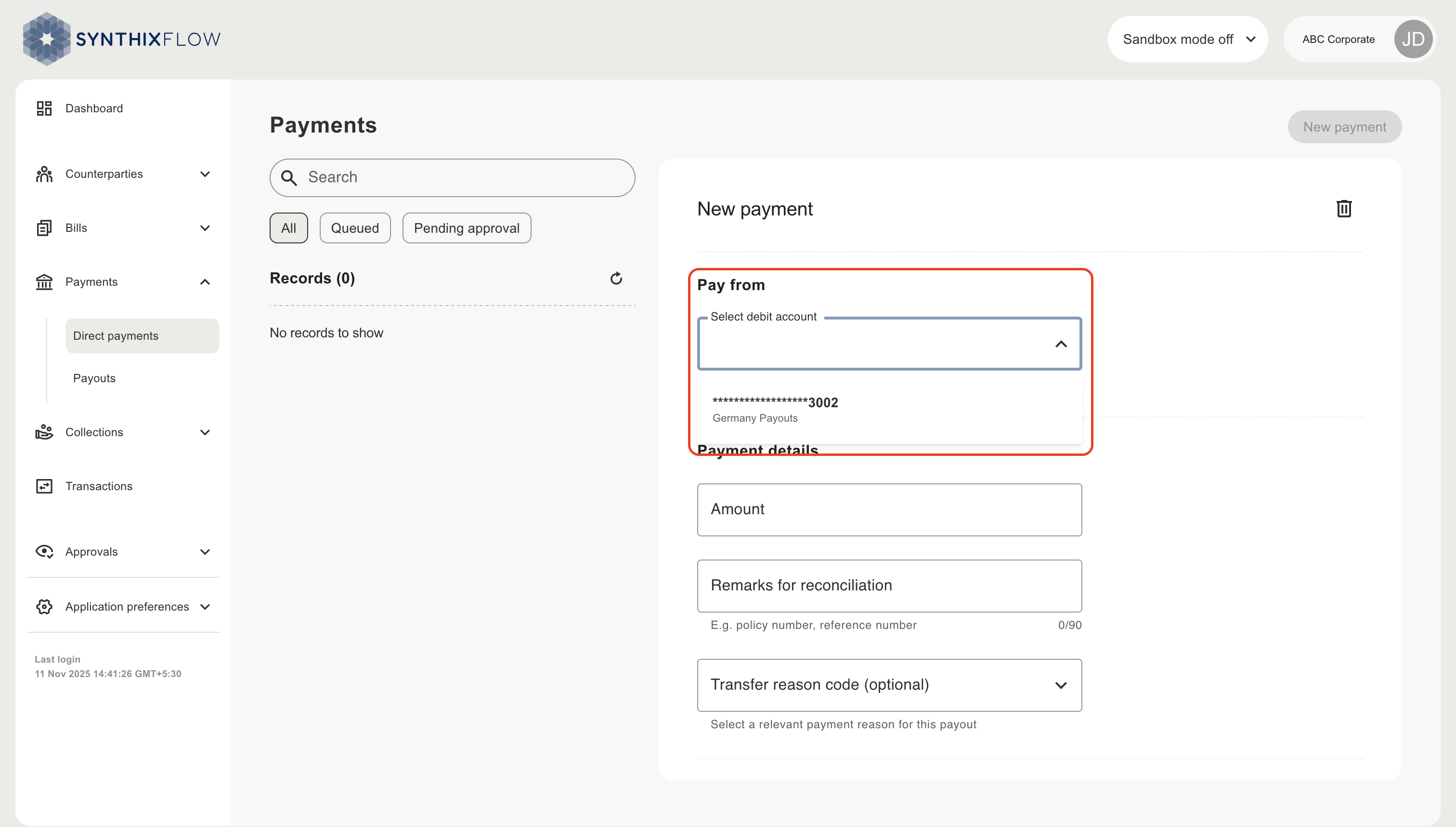 Choose payment debit account