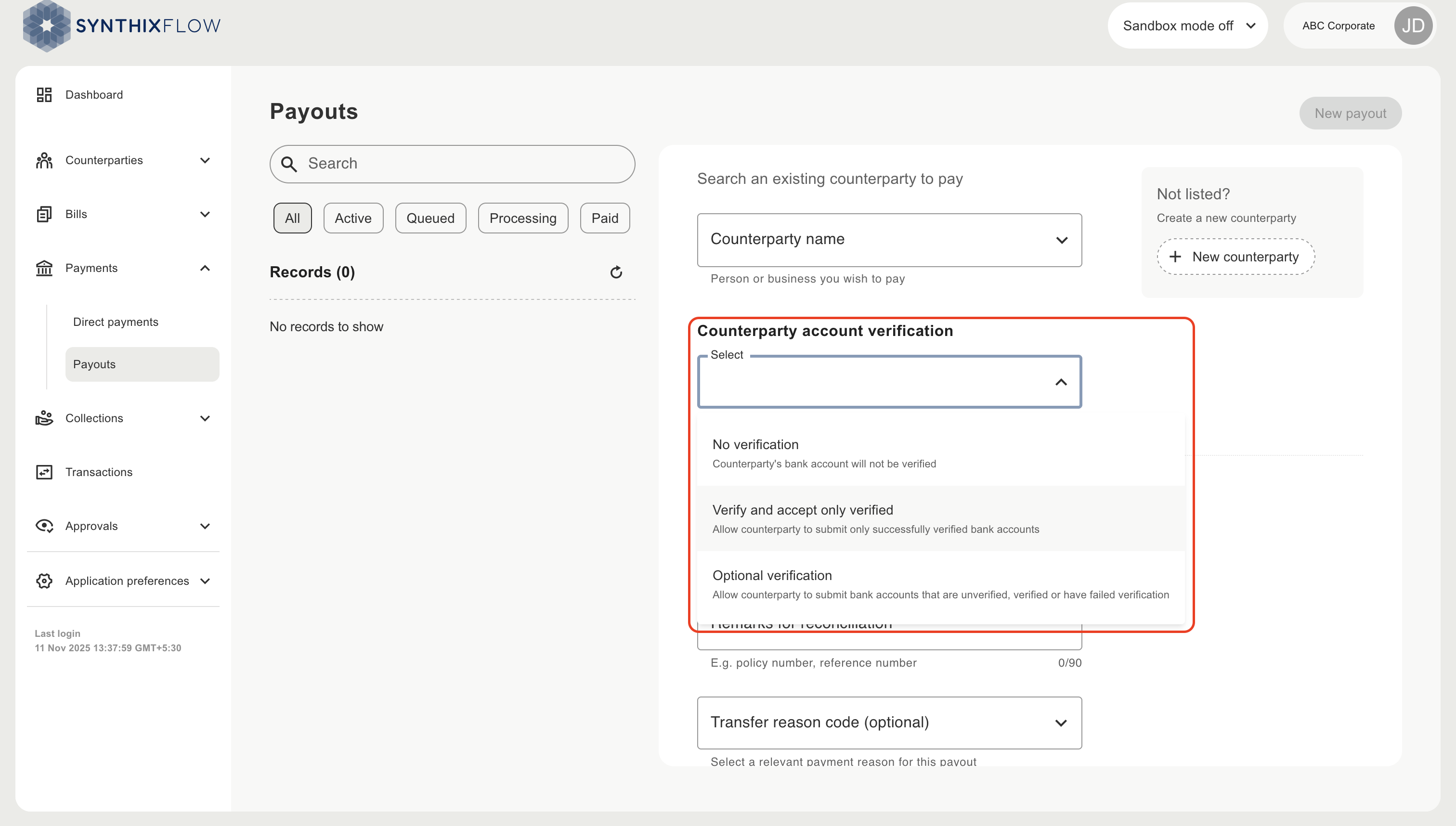 Configure counterparty account verification