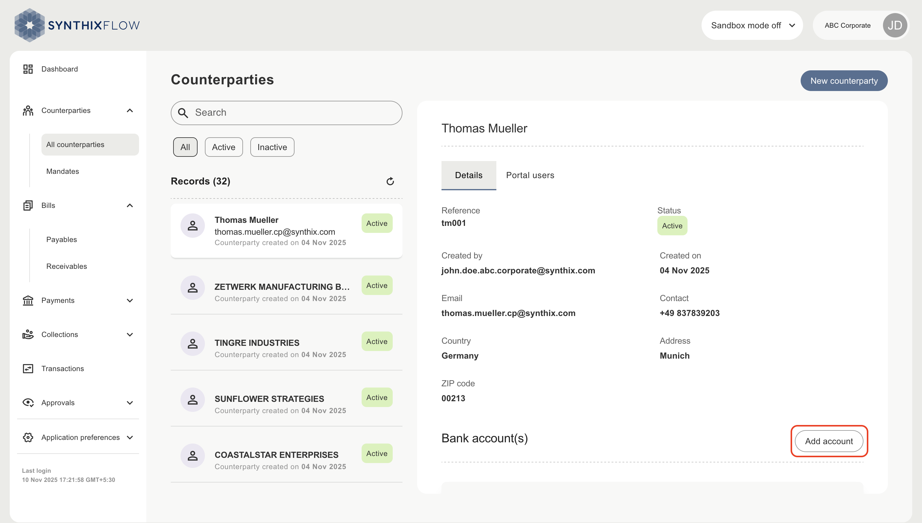 counterparty add bank account button