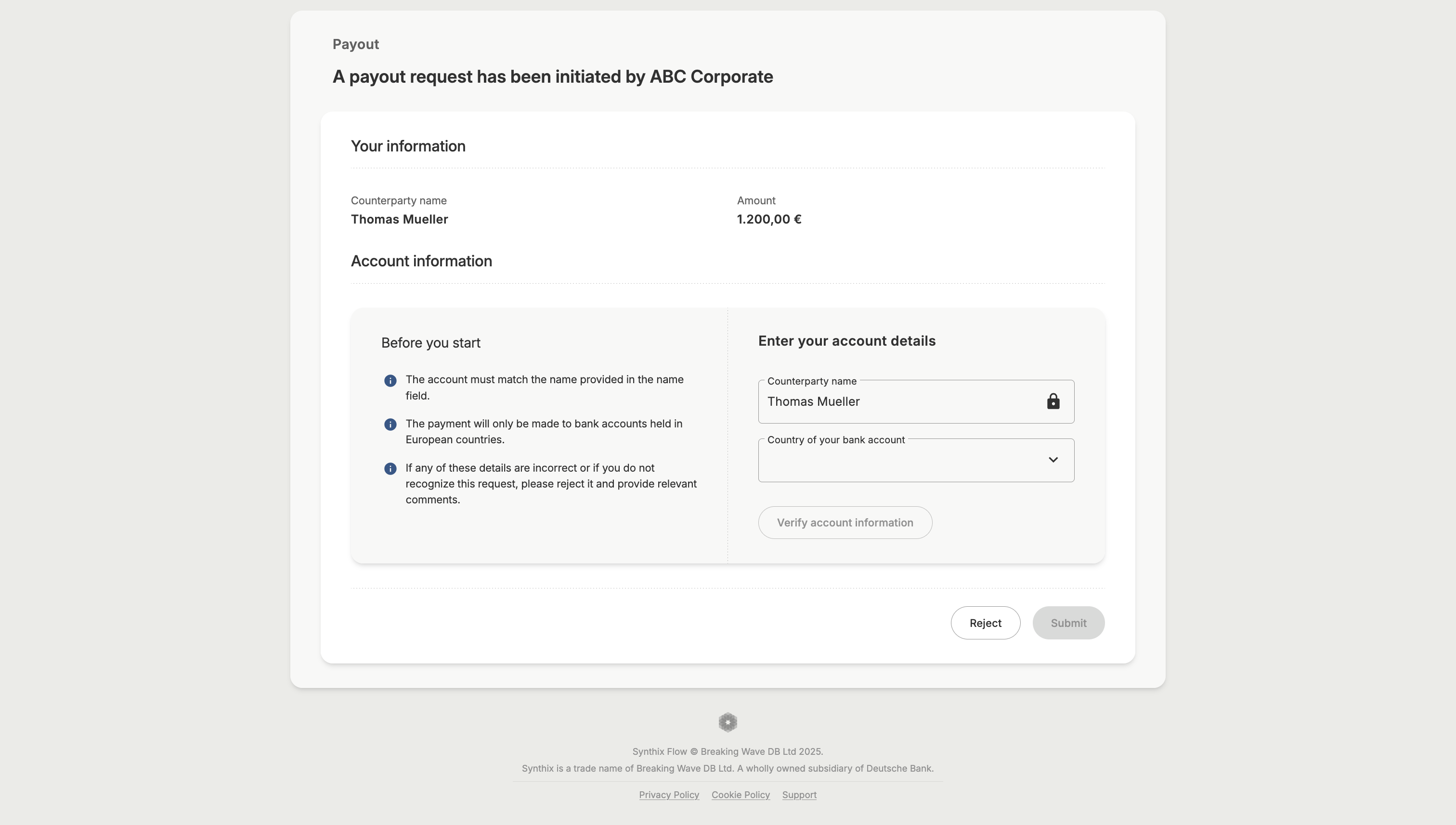Counterparty payout page