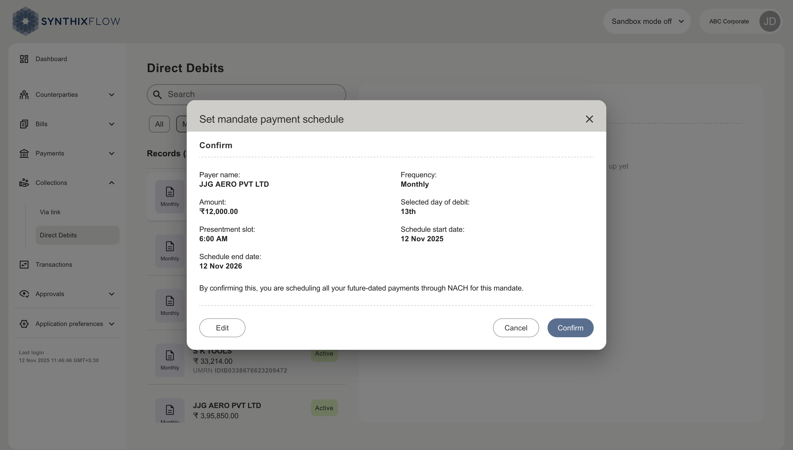 Direct debits set schedule confirmation