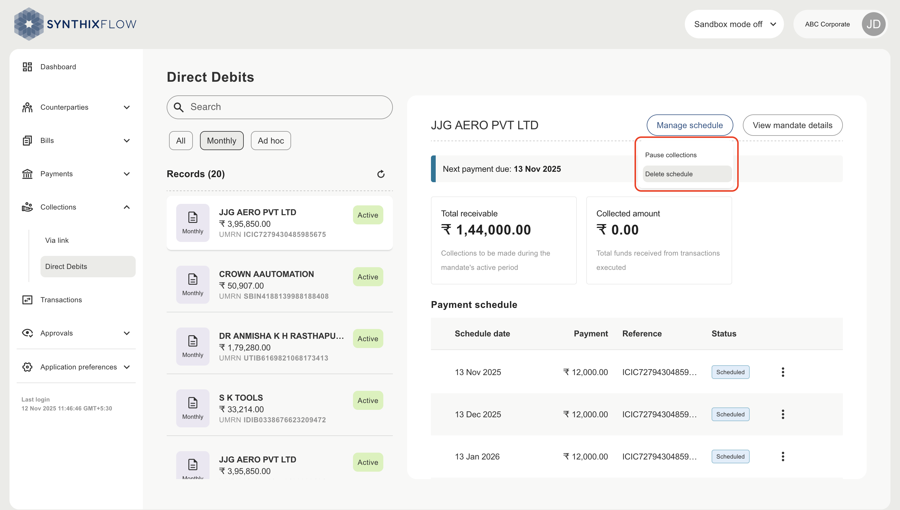 DD payment schedule delete schedule