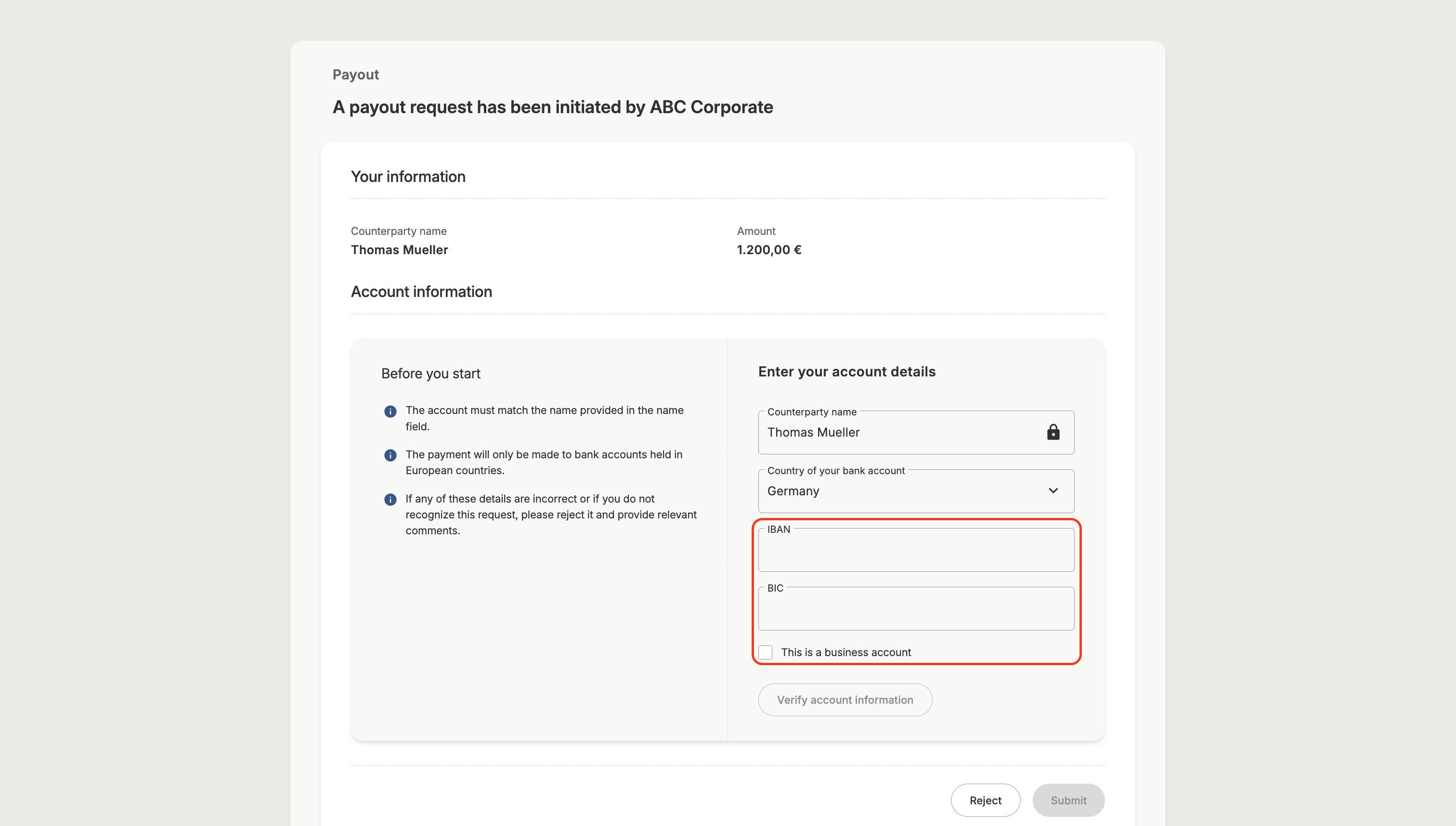 Enter account details