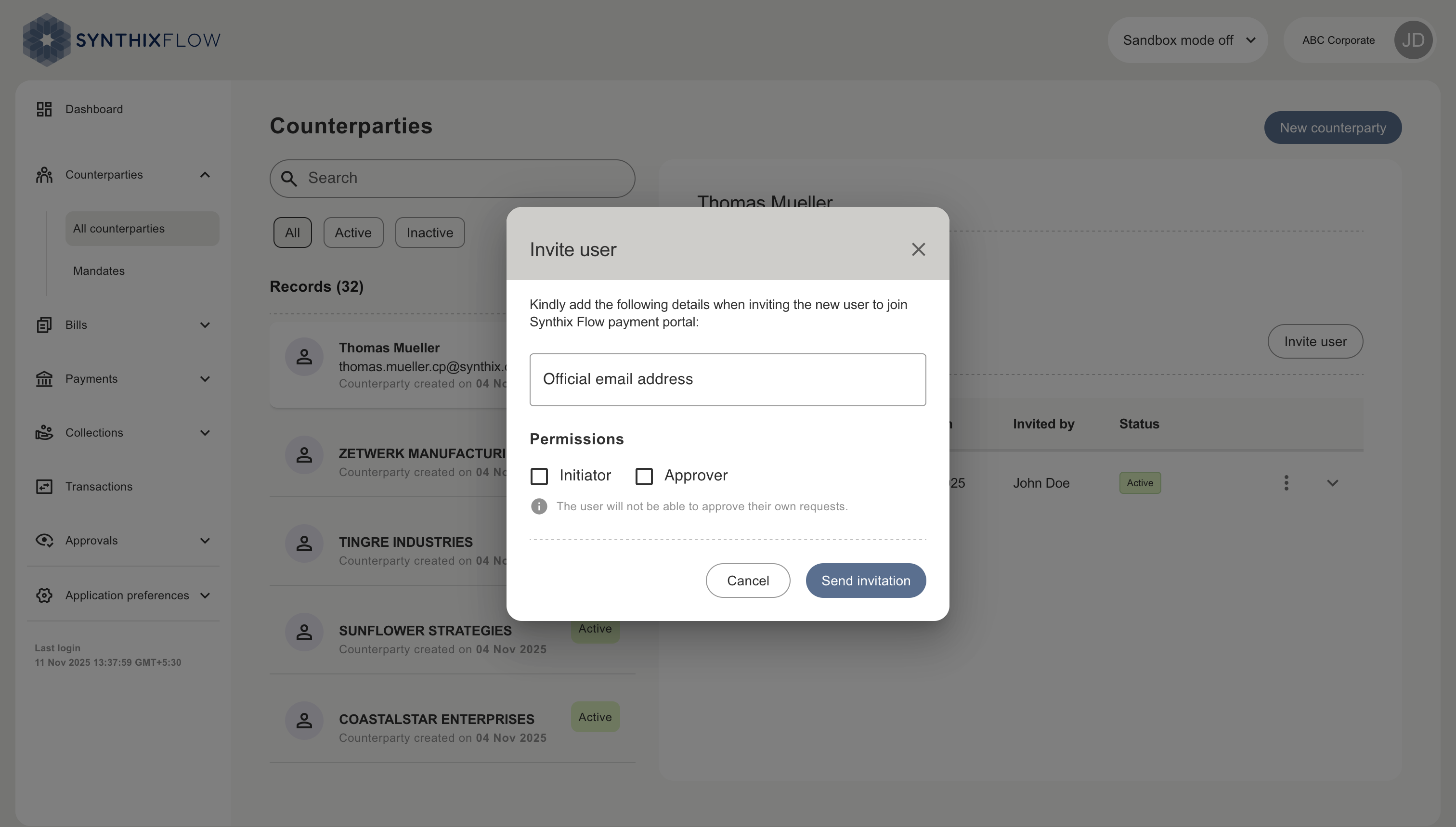 Invite counterparty users