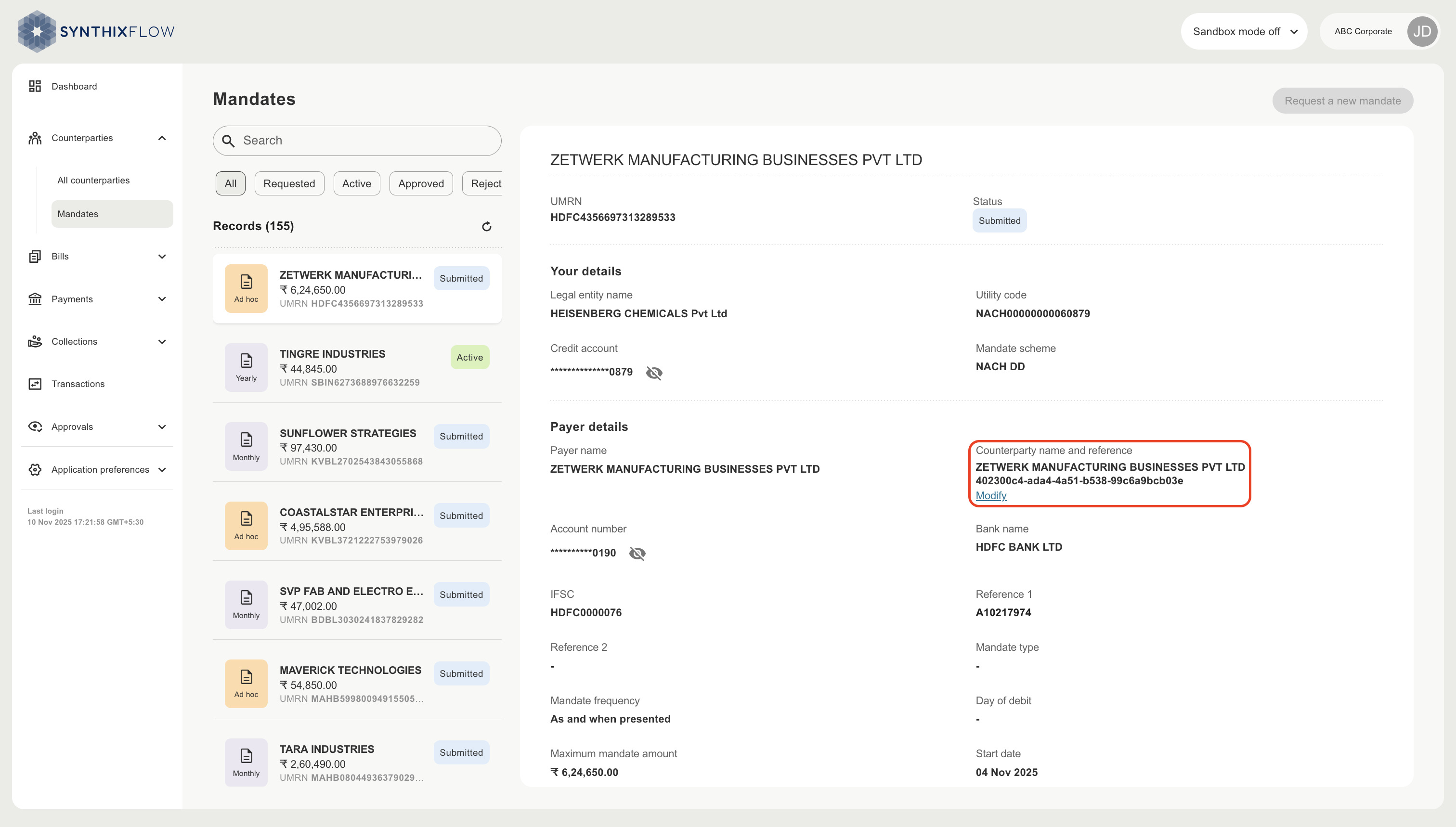 Mandate link modify button