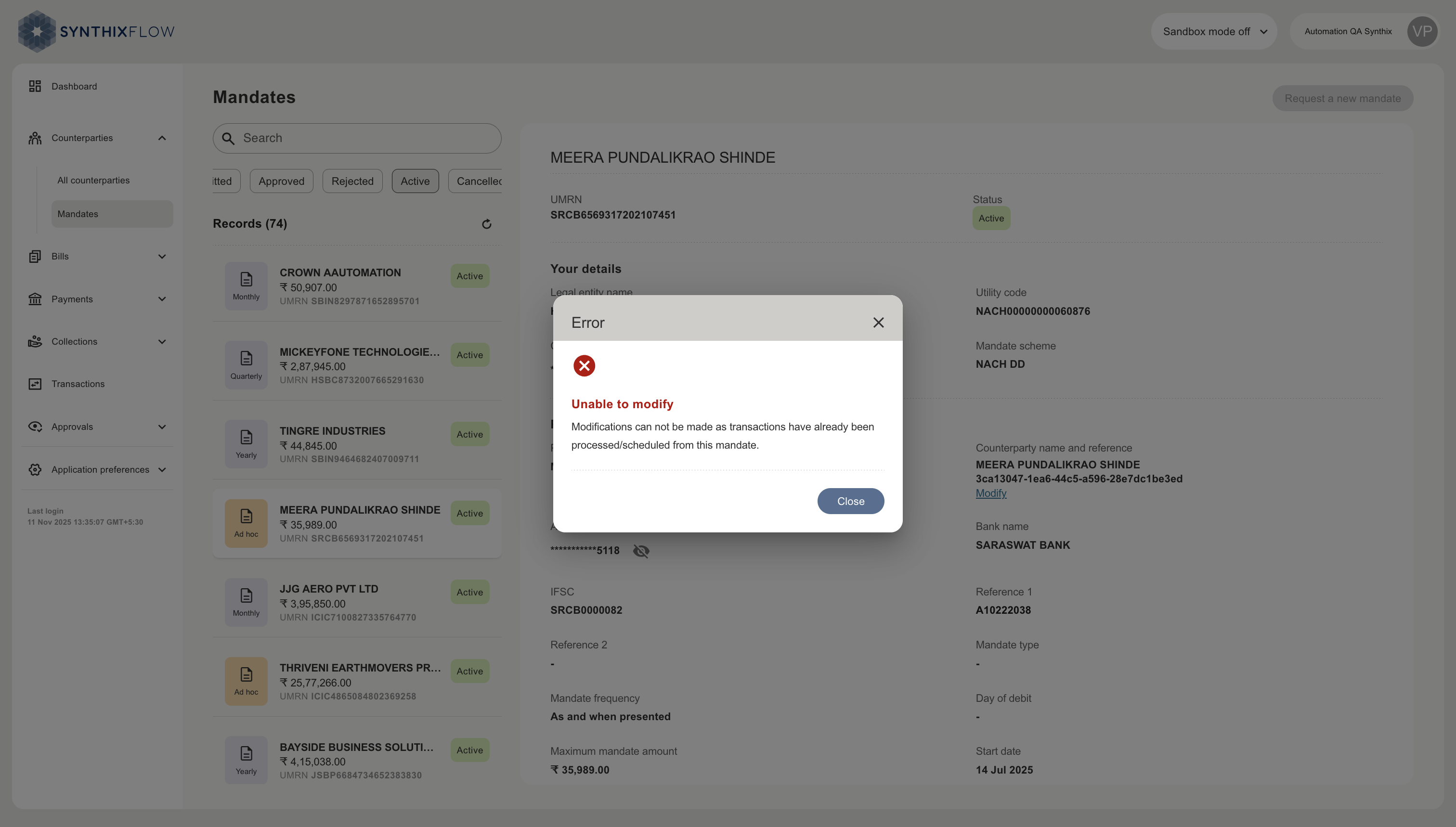 Mandate link modify error